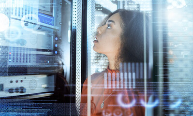 Technology, information technology and black woman check server for error, internet connection and network. Future, cyber security and it technician work on computer database, coding and motherboard
