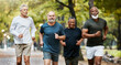 © M Einero/peopleimages.com - Fitness, running and group of senior men doing exercise, training and workout together in park on weekend. Nature, friendship and old males doing sports outdoors for health, wellness and body care