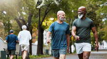 Fitness, Exercise And Men Walking Together At Community Park While Talking And Doing Cardio Training Outdoor In Nature. Diversity, Friends And Senior Man And Accountability Partner On A Wellness Walk