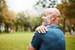 © M Einero/peopleimages.com - Senior man, shoulder pain and fitness injury in wellness exercise, training and health workout in nature park or countryside . Ache, inflammation and body tension for cardio training and runner