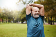 © M Einero/peopleimages.com - Stretching, fitness and running with old man in park for health, workout or sports with mockup. Warm up, retirement and exercise with senior runner in nature for training, jogger and cardio endurance