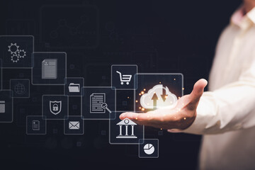 Wall Mural - cloud computing concept, icon in male hand , digital network data connection technology, modern comm
