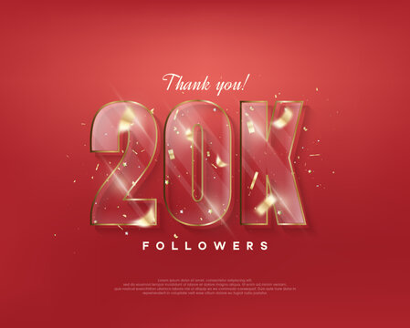 20k followers celebration. with glass figures on a red background.