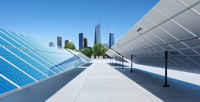 Solar panels with modern city