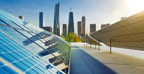 Wall Mural - Solar panels with modern city
