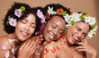 Flowers, skincare and women in studio for beauty, wellness and nature product self care on brown background mockup. Friends, flower and crown by black women happy with floral treatment and aesthetic