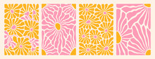 Groovy Abstract Flower Art Set. Organic Doodle Shapes In Trendy Naive Retro Hippie 60s 70s Style. Contemporary Poster And Background. Floral Botanic Vector Illustration In Pink, Yellow, Orange Colors.
