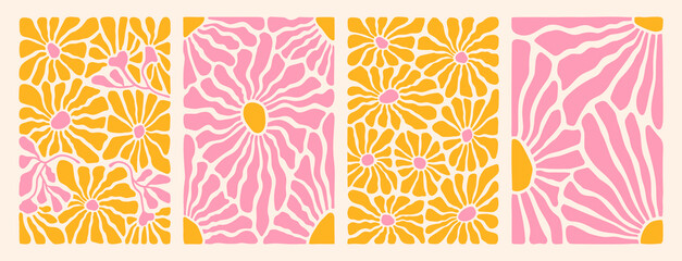 groovy abstract flower art set. organic doodle shapes in trendy naive retro hippie 60s 70s style. co