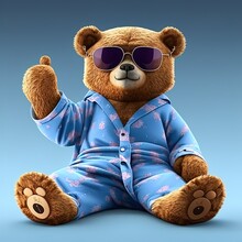 Teddy Bear Sitting In Pajamas And Sunglasses. 3D Illustration