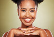 Skincare, beauty and portrait of a black woman on green background with cosmetics, makeup and dermatology for skin with a glow. African, model with a smile and natural hair for self love mock up