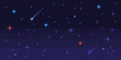 Pixel art night sky. Starry space with shooting stars, 8 bit pixelated video game galaxy seamless vector background