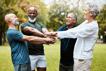 Wall Mural - Fitness, exercise and senior men with hands together for motivation, energy and to celebrate achievement and freedom during retirement in nature park. Happy group of friends for workout outdoor