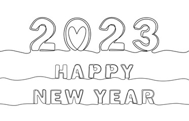 Wall Mural - Continuous line 2023 holiday banner. Happy new year single one line lettering, hand drawn calligraphy vector concept