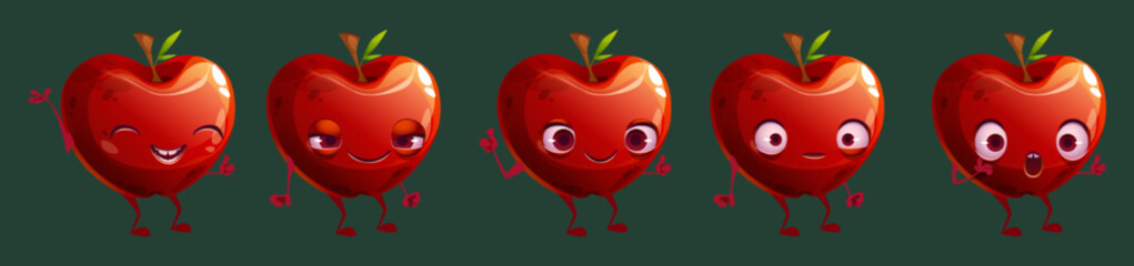 Wall Mural - Funny red apple character face emoji set. Cartoon garden fruit facial expressions. Happy, laugh, waving hand, surprised, cute friendly ui comic personage for game or kids menu, Vector illustration