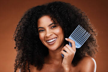 Black woman, hair beauty and cosmetics health with natural hair care, African skincare product and black people empowerment. Portrait of happy girl, organic health and smile on a studio background