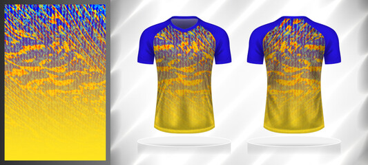 Vector sport pattern design template for V-neck T-shirt front and back with short sleeve view mockup. Shades of blue-yellow color gradient abstract grunge texture background illustration.