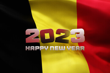 Sticker - 3d illustration of the national flag of Belgium with a congratulatory inscription happy new year 2023