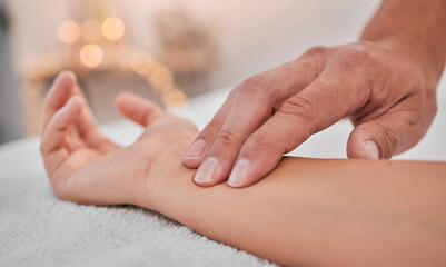 Canvas Print - Spa, wellness and hands massage wrist for health, relaxation and pressure relief service zoom. Acupressure, physical therapy and relaxing luxury treatment with professional beauty salon therapist.