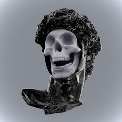 Wall Mural - Abstract digital illustration from 3D rendering of a classical black distressed metal head bust with missing face unveiling a white marble skull inside and isolated on grey background.