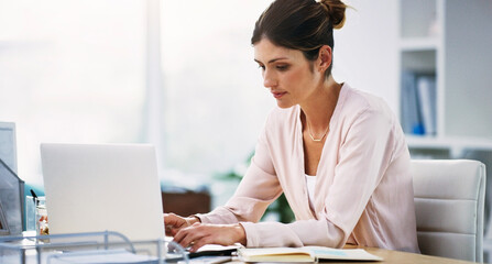 Poster - Email, communication and business woman with a laptop for networking, planning and working in administration. Corporate, internet and employee typing on a computer as a receptionist or secretary