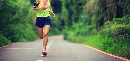 Wall Mural - young fitness woman trail runner running in forest mountain