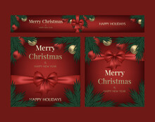 Set Of Three Postcards Merry Christmas And Happy New Year. Christmas Tree, Glass Gold Balls And An Elegant Red Bow With Ribbons On A Red Background. Spruce, Cedar, Pine Branch. Banner Template.