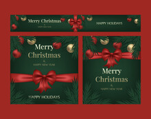 Set Of Three Postcards Merry Christmas And Happy New Year. Christmas Tree, Glass Gold Balls And An Elegant Red Bow With Ribbons On A Green Background. Spruce, Cedar, Pine Branch. Banner Template.