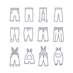 Baby cloth thin line icons. Kids clothing simple linear pictograms. Pants, jeans, sweatpants, leggings and bodysuits. Children wardrobe garments. Outfit for newborn child, toddler, little boy or girl