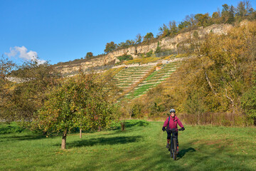 nice senior woman riding her electric mountain bike in the steep autumnal colored vineyards of River Neckar Valley,Baden-Wuerttemberg, Germany