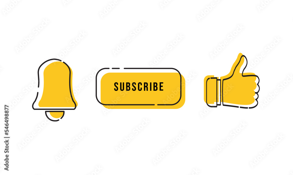 Vector graphic doodle art illustration of subscribe button, like and notification bell icon. Using the yellow color option, it is designed in a flat style. Perfect for digital communication, vlogs.