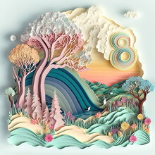 Colorful Spring Summer Landscape Decoration As Cartoon Card Background