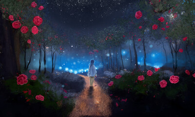 Wall Mural - Secret Passage 1 . Digital hand drawn illustration of woman in white dress walk on rose passage with magical moment.