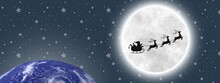 Merry Christmas And Happy Holidays! Santa Claus Flying In His Sleigh On Background Moon Sky. Christmas Story Concept.
