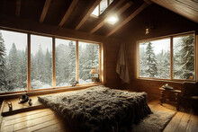 Cozy Interior Of Living Room In A Wooden Log Cabin In The Snowy Winter Mountains