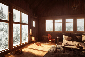 cozy interior of living room in a wooden log cabin in the snowy winter mountains