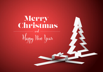 Wall Mural - merry christmas card with a white tree and gift box made from paper stripes