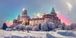 magical fantasy castel in winter morning, winter christmas landscape as wallpaper background