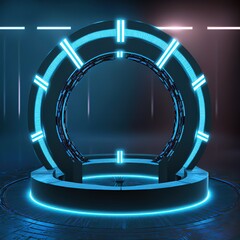 Leinwandbilder - Circle portals, teleport, hologram gadget. Digital stand for gadgets, scene. Dark template for presentation modern exhibition or gallery. 3d illustration