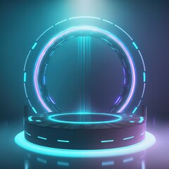 Leinwandbilder - Circle portals, teleport, hologram gadget. Digital stand for gadgets, scene. Dark template for presentation modern exhibition or gallery. 3d illustration