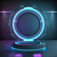 Leinwandbilder - Circle portals, teleport, hologram gadget. Digital stand for gadgets, scene. Dark template for presentation modern exhibition or gallery. 3d illustration