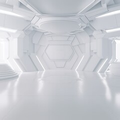 Leinwandbilder - White futuristic background and empty stage or podium. Digital stand for gadgets, scene. Dark template for presentation modern exhibition or gallery. 3d illustration