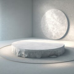 Leinwandbilder - White stone rough plate object display podium with circle, for product. Digital stand for gadgets, scene. Dark template for presentation modern exhibition or gallery. 3d illustration