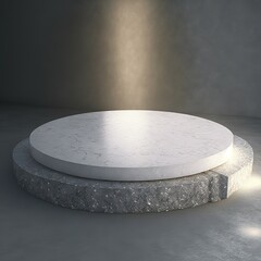 Leinwandbilder - White stone rough plate object display podium with circle, for product. Digital stand for gadgets, scene. Dark template for presentation modern exhibition or gallery. 3d illustration