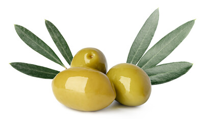 Wall Mural - Close up of olives with olive leaves isolated on white