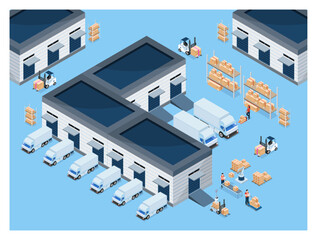 Wall Mural - 3D isometric logistics Warehouse Work Process Concept with Transportation operation service, Export, Import, Cargo, Forklif, Delivery Truck. Vector illustration EPS 10