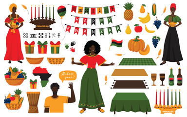 set of decorative elements for african american holiday kwanzaa. women in dresses, candleholder, kin