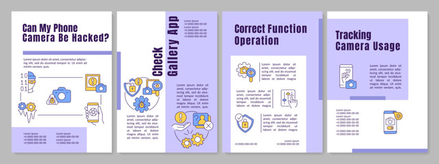 Smartphone camera security purple brochure template. Prevent hacker attack. Leaflet design with linear icons. Editable 4 vector layouts for presentation, annual reports. Anton, Lato Regular fonts used