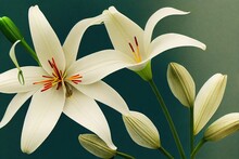 Beautiful Flowers Of White Lilies With Yellow Buds Not Green Background