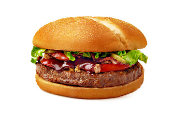 Wall Mural - Fresh burger with beef patty isolated on white background