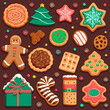 Set of different Christmas cookies isolated on the brown background.